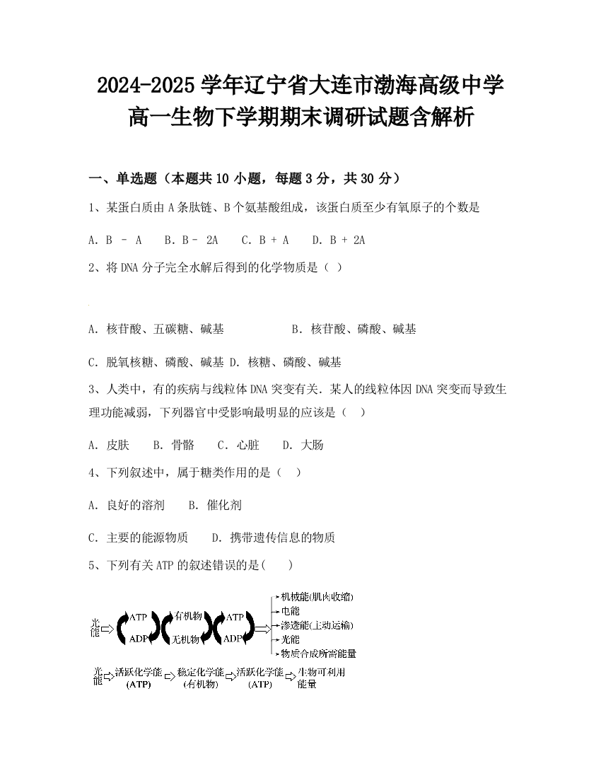 2024-2025学年辽宁省大连市渤海高级中学高一生物下学期期末调研试题含解析