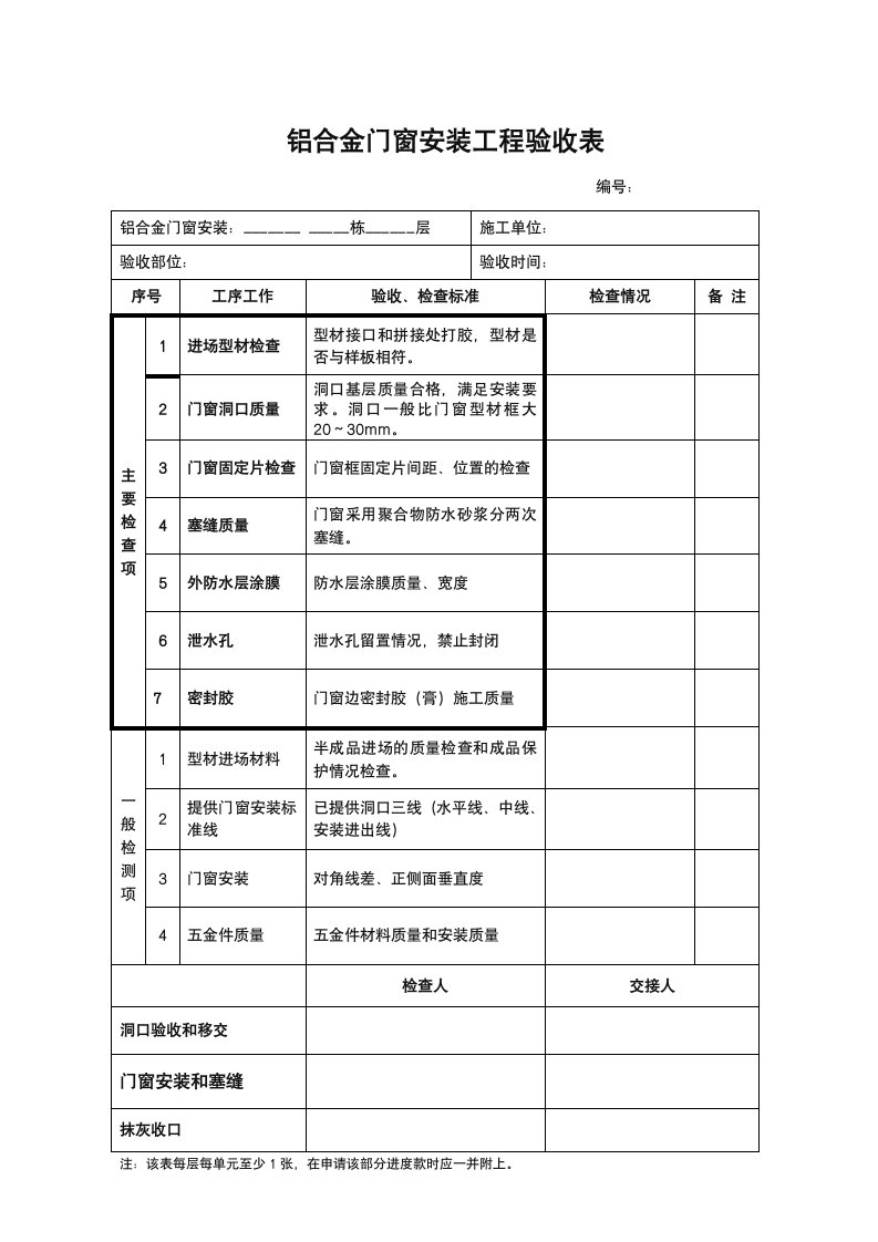 铝合金门窗验收表格