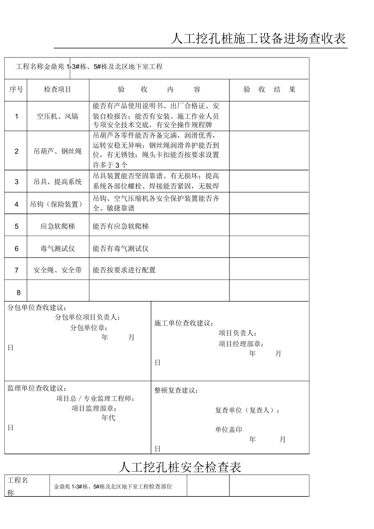 人工挖孔桩机械验收表格模板