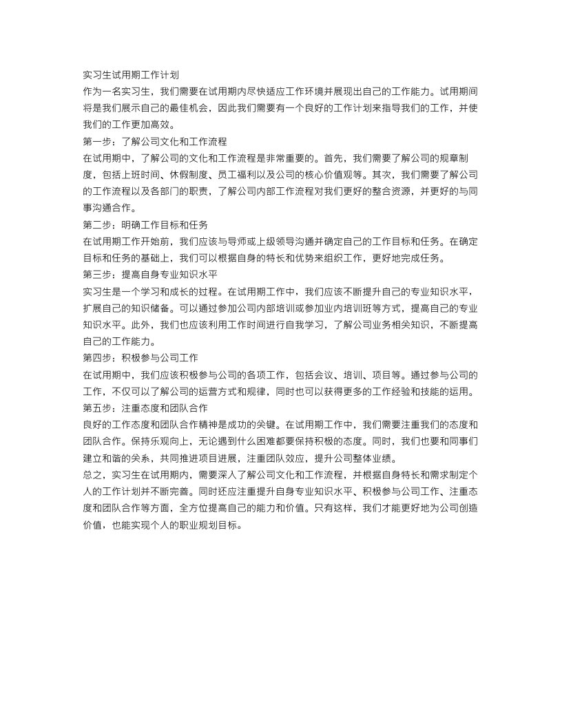 实习生试用期工作计划