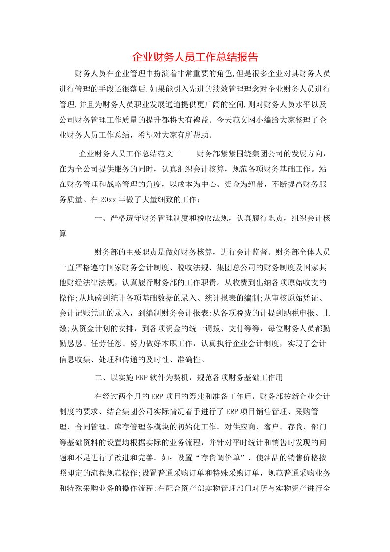 企业财务人员工作总结报告