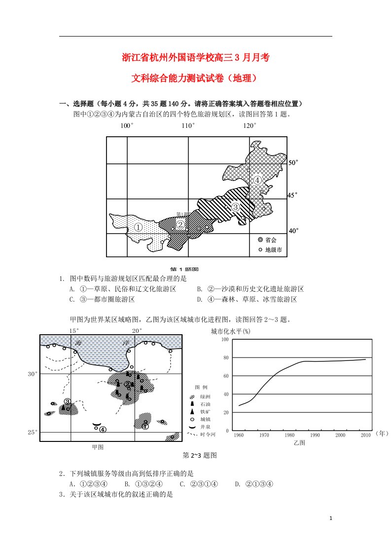 浙江省杭州外国语学校高三地理3月月考试题新人教版