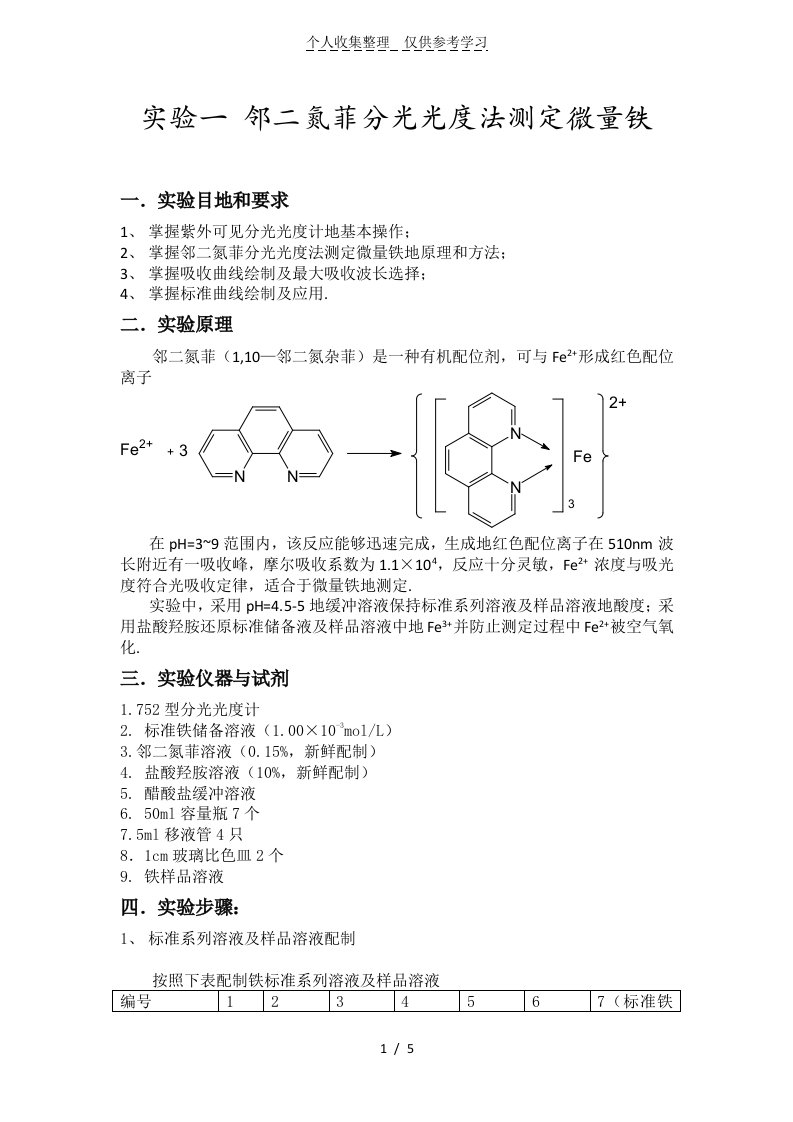 邻二氮菲分光光度法测定微量铁实验研究报告