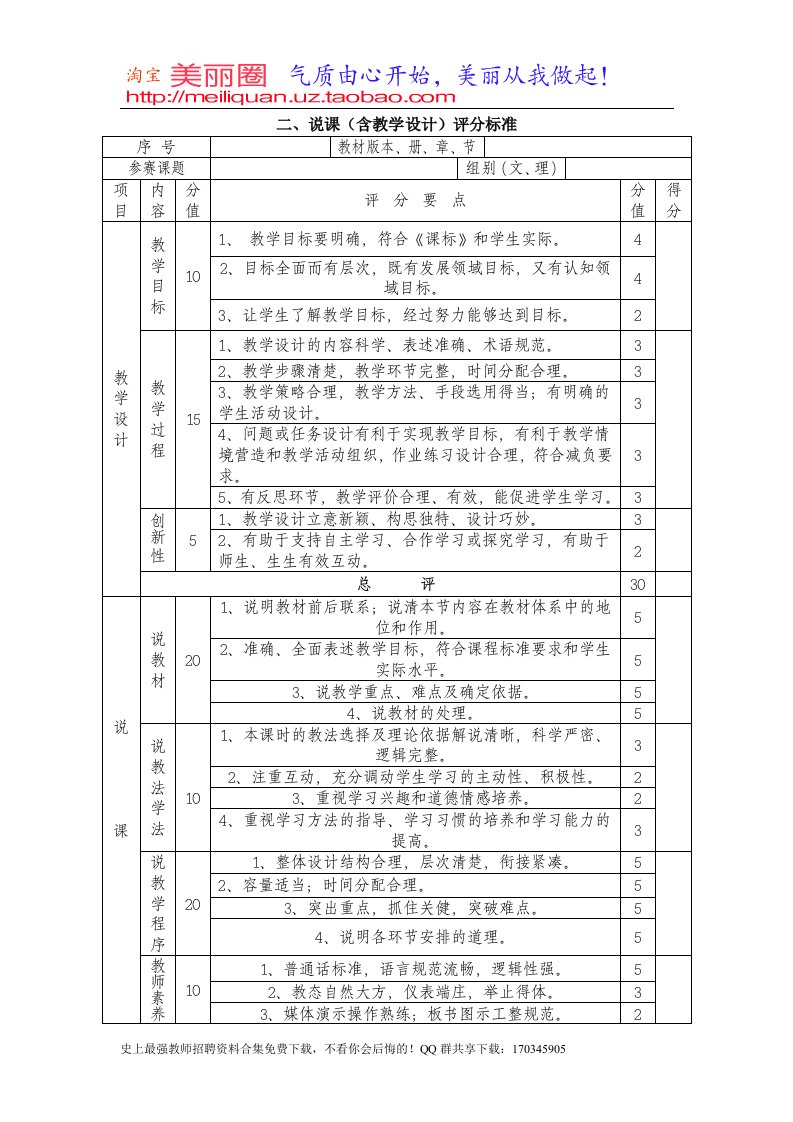 教师招聘说课评分表