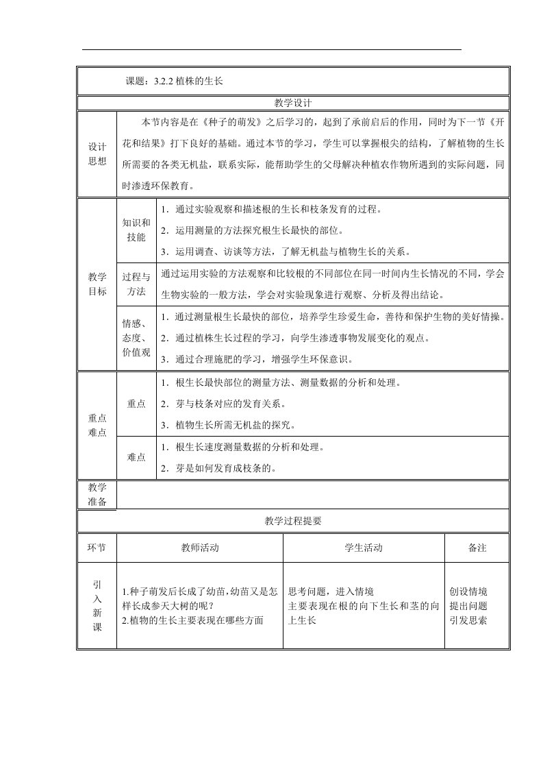 2017秋人教版生物七年级上册3.2.2《植株的生长》