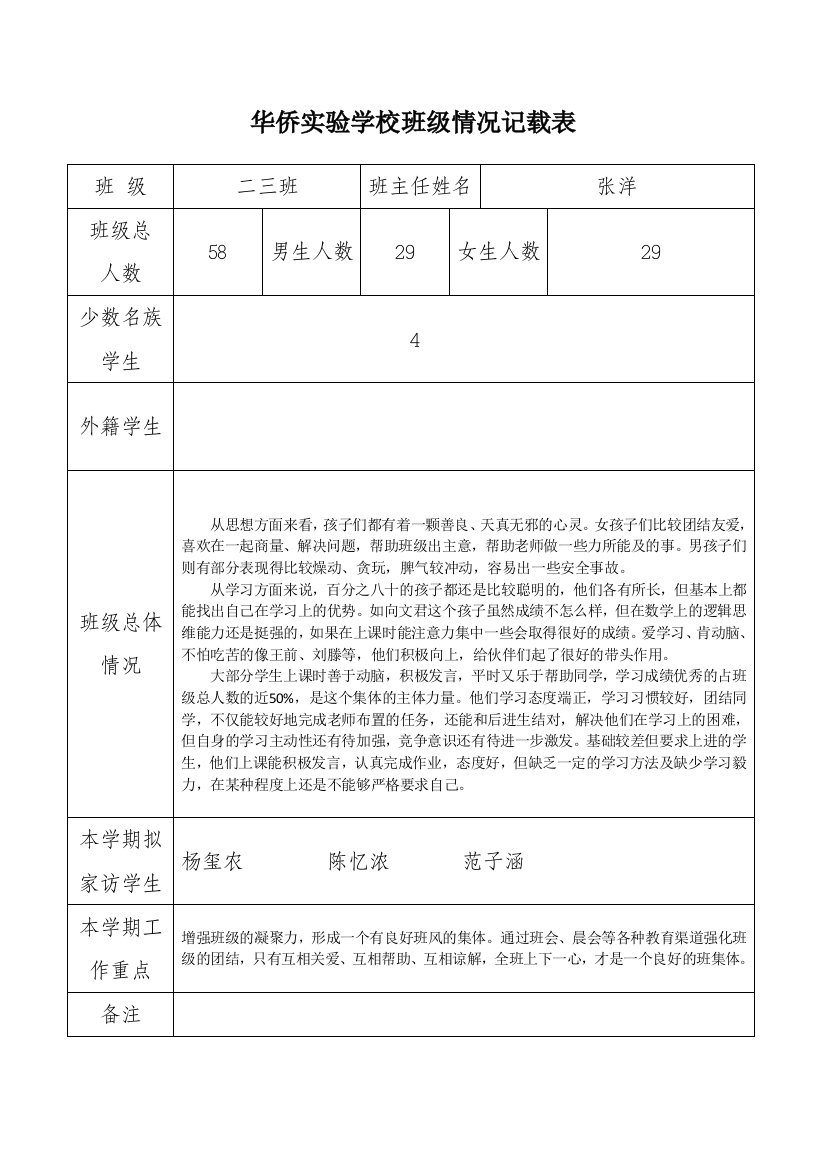 班级主任记载表1