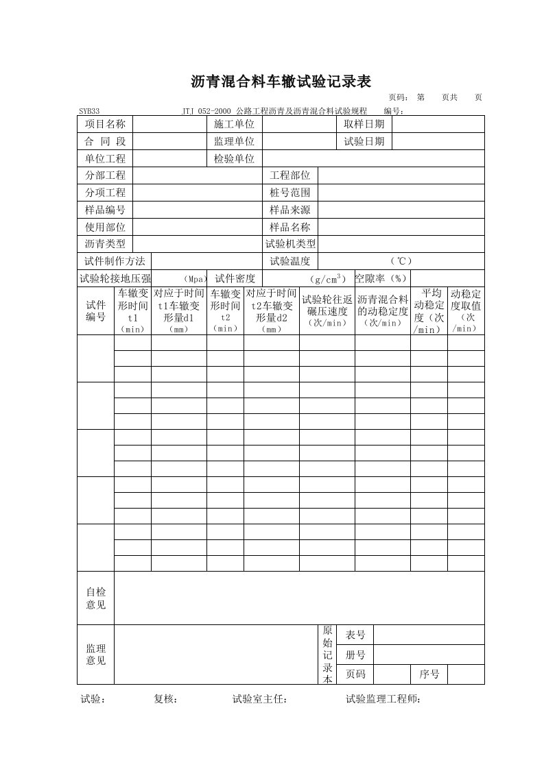 SYB33沥青混合料车辙试验记录表