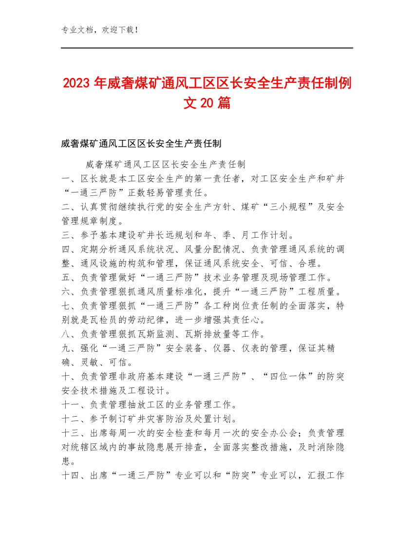 2023年威奢煤矿通风工区区长安全生产责任制例文20篇