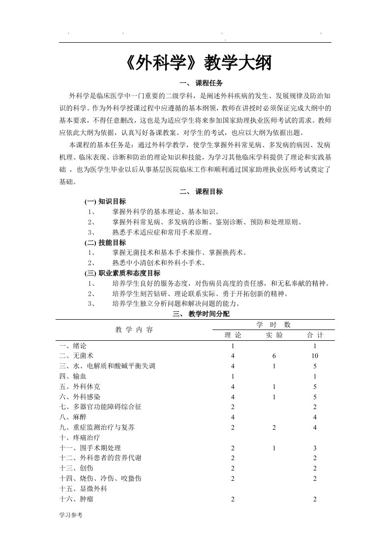 外科学教学与考试大纲