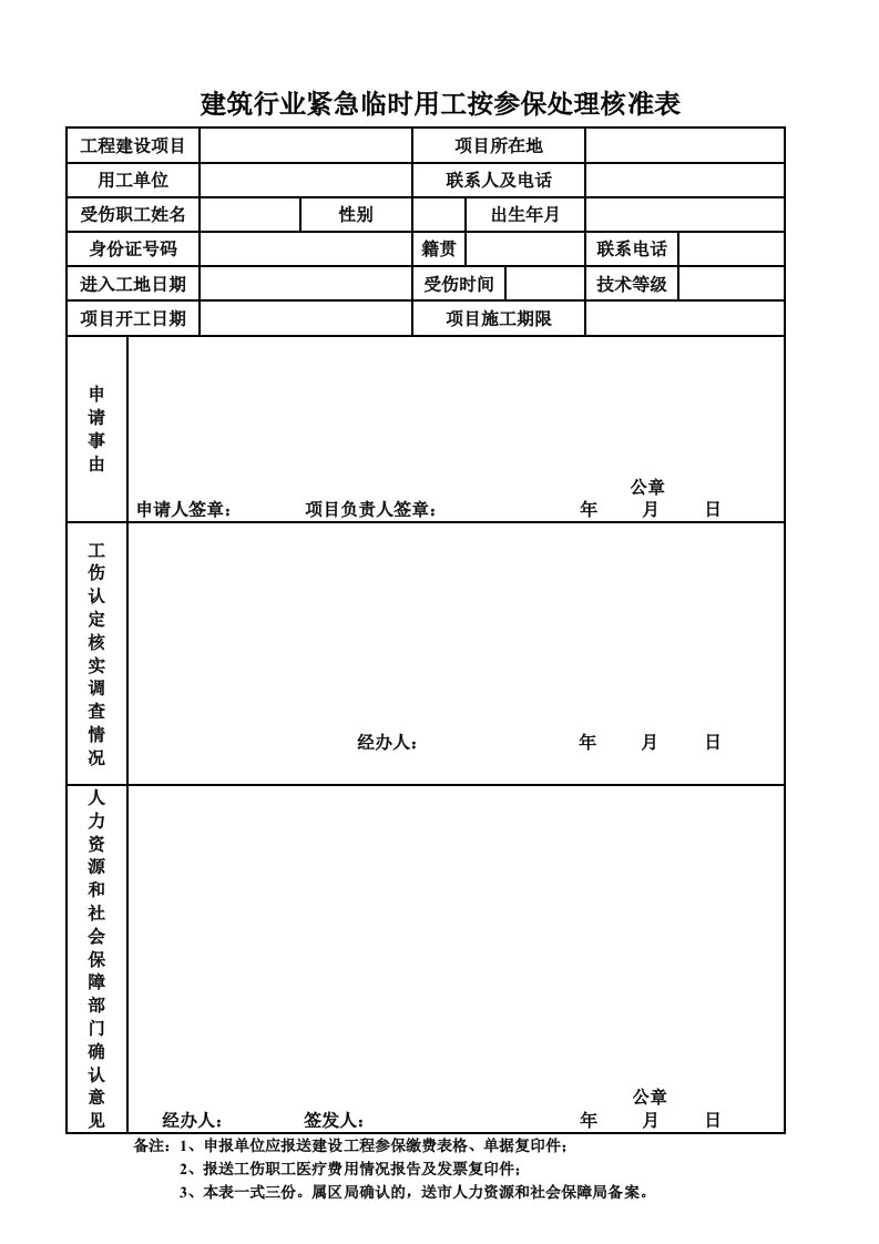 建筑行业紧急临时用工按参保处理核准表