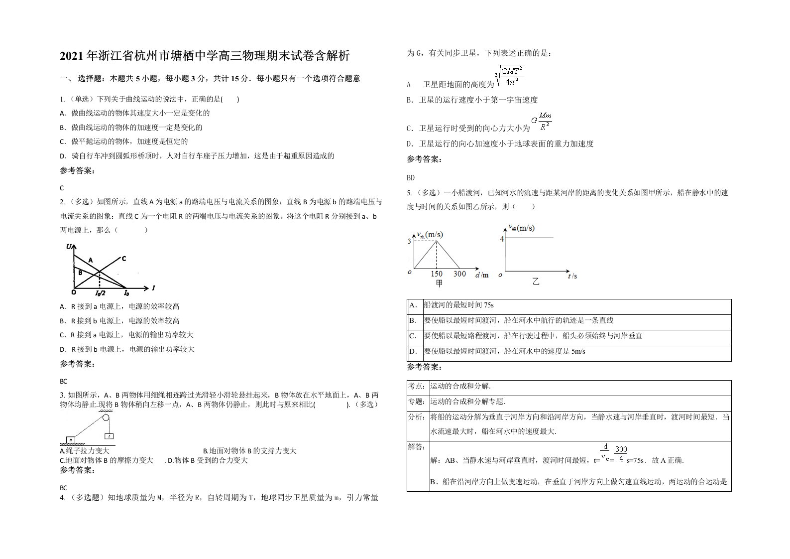 2021年浙江省杭州市塘栖中学高三物理期末试卷含解析