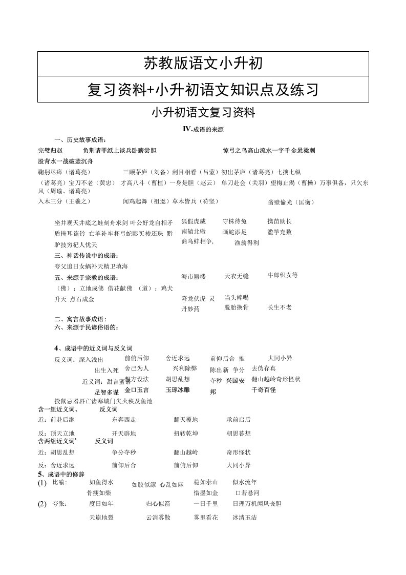 苏教版语文小升初复习资料