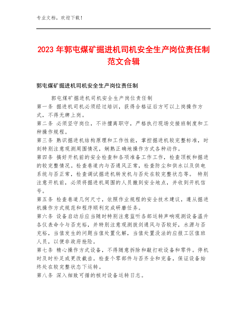 2023年郭屯煤矿掘进机司机安全生产岗位责任制范文合辑