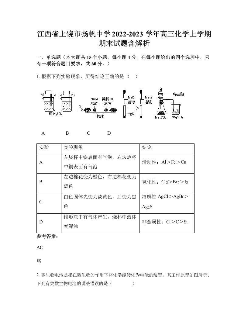 江西省上饶市扬帆中学2022-2023学年高三化学上学期期末试题含解析