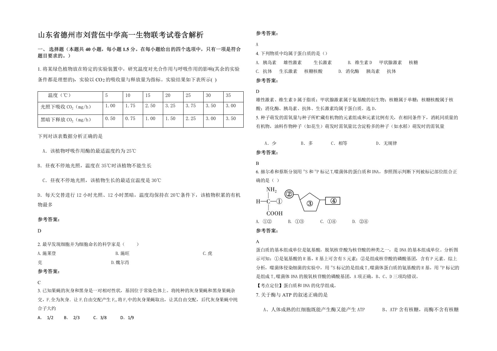 山东省德州市刘营伍中学高一生物联考试卷含解析