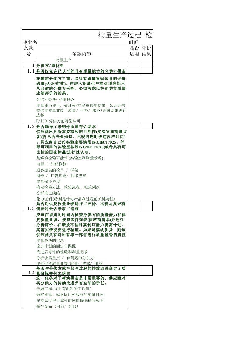 批量生产过程检查表