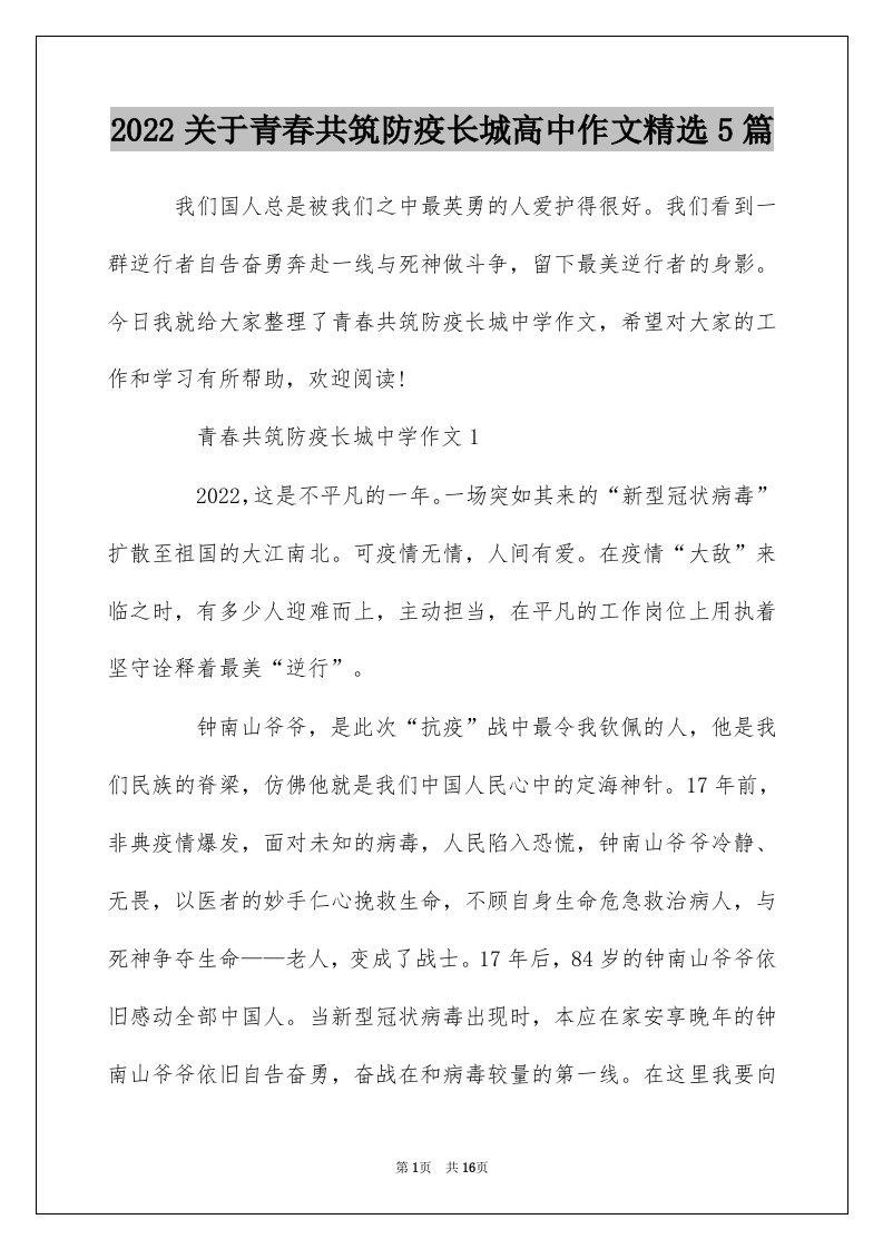 2022关于青春共筑防疫长城高中作文精选5篇