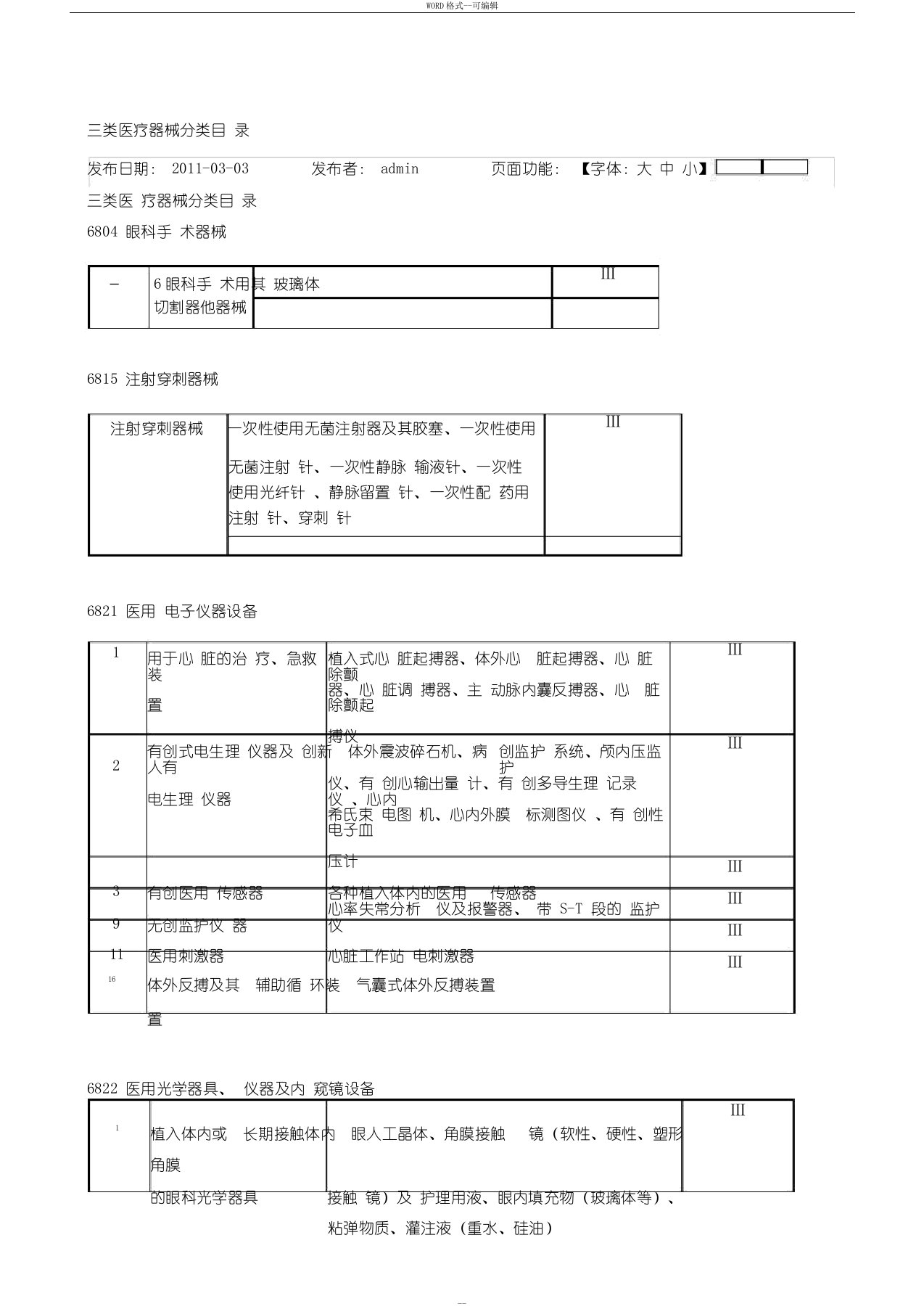 三类医疗器械分类目录