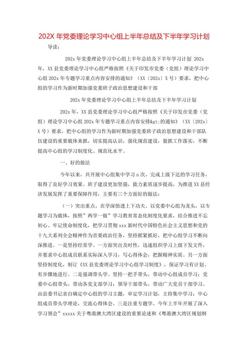 202X年党委理论学习中心组上半年总结及下半年学习计划