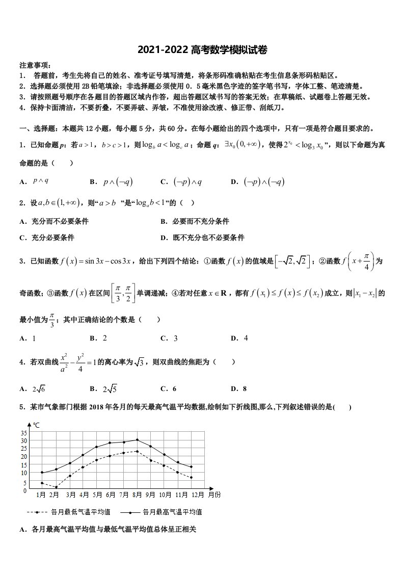 2022届黑龙江大庆一中高三适应性调研考试数学试题含解析