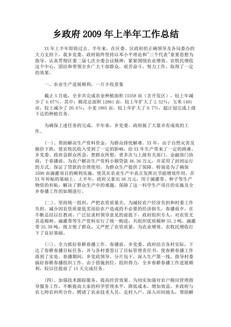 乡政府2009年上半年工作总结