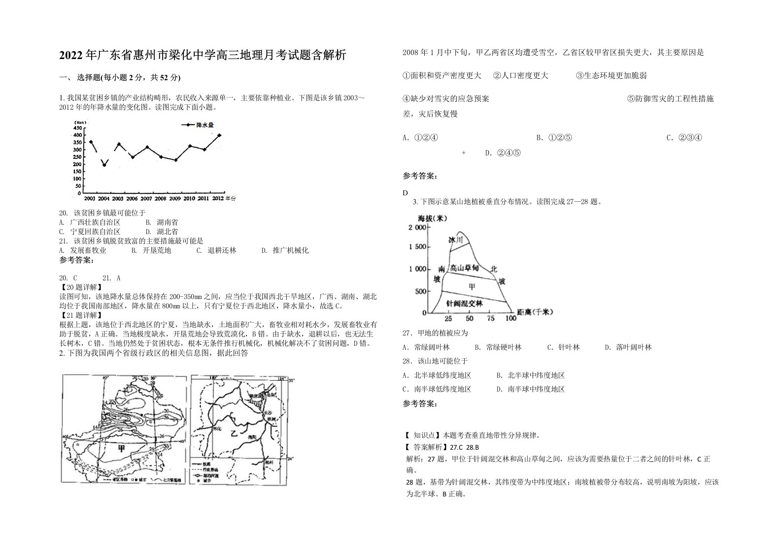 2022年广东省惠州市梁化中学高三地理月考试题含解析