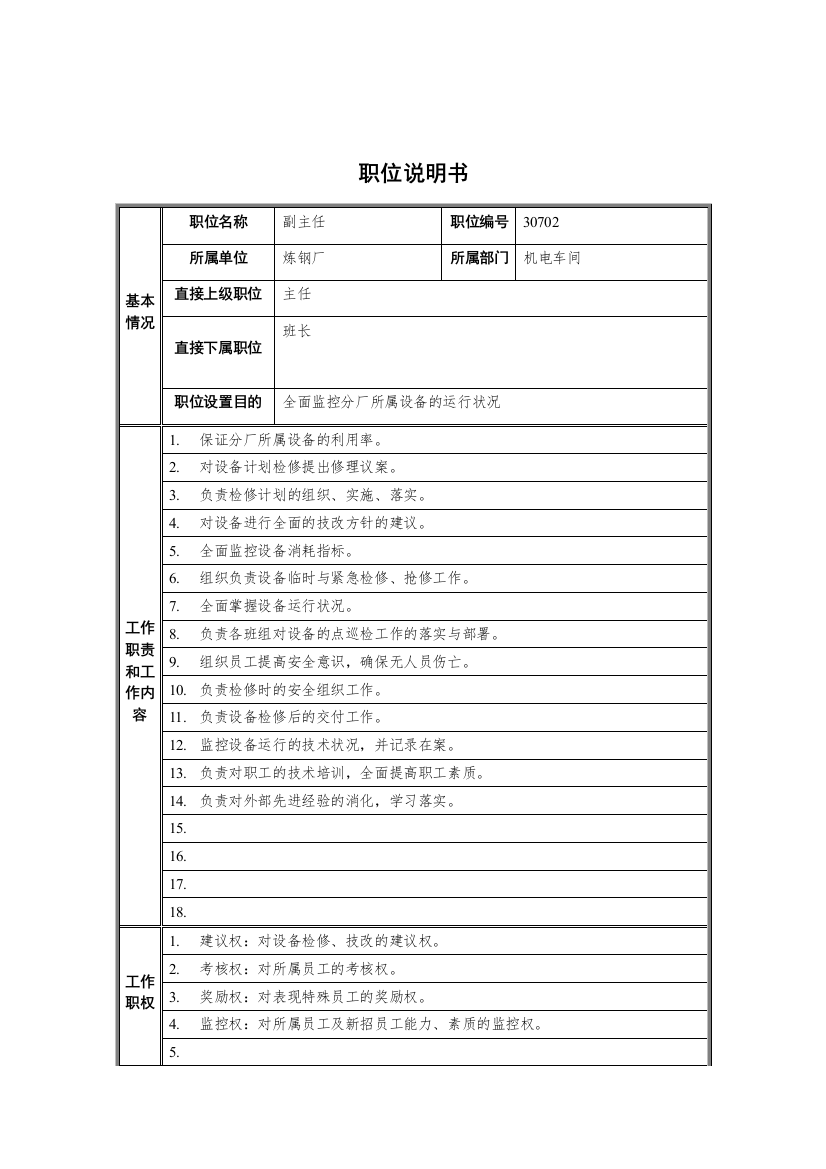 炼钢厂机电车间副主任职位说明书