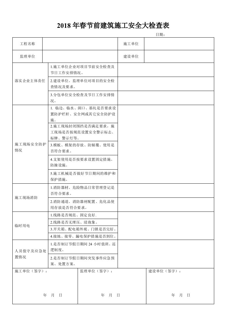 春节前建筑施工安全检查表