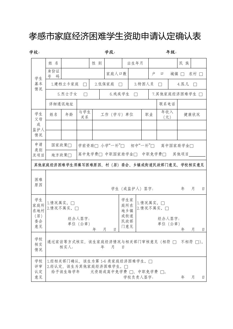 孝感市家庭经济困难学生资助申请认定确认表