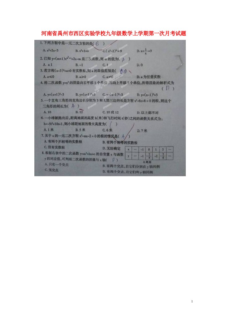 河南省禹州市西区实验学校九级数学上学期第一次月考试题（扫描版）