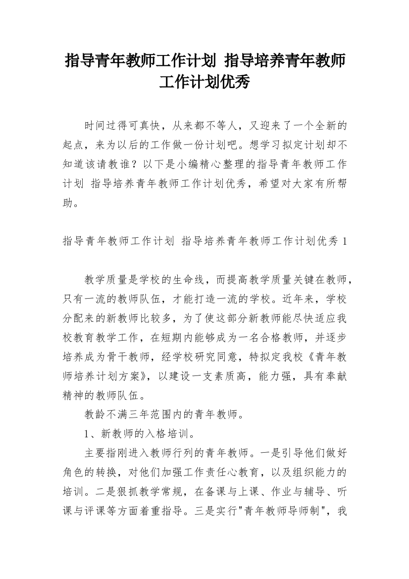 指导青年教师工作计划