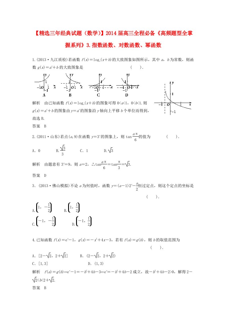 2014届高三数学一轮必备“高频题型全掌握”3.指数函数、对数函数、幂函数