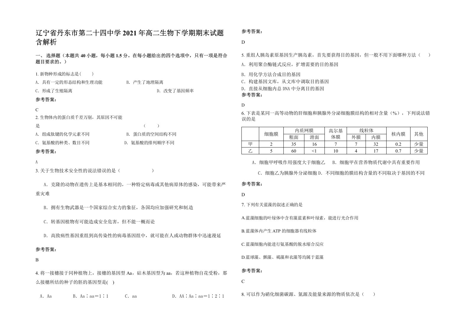 辽宁省丹东市第二十四中学2021年高二生物下学期期末试题含解析