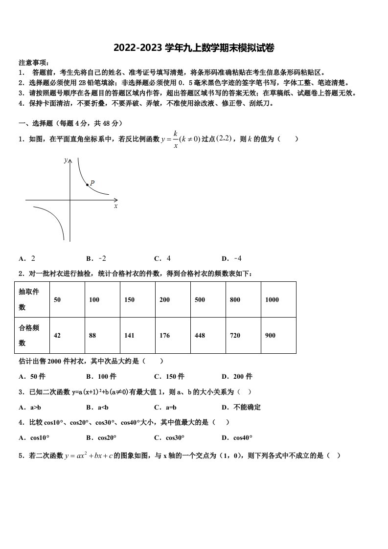 2022年安徽省宿州市宿城一中学数学九年级第一学期期末质量检测模拟试题含解析