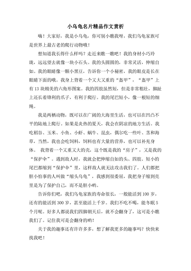 小乌龟名片作文赏析