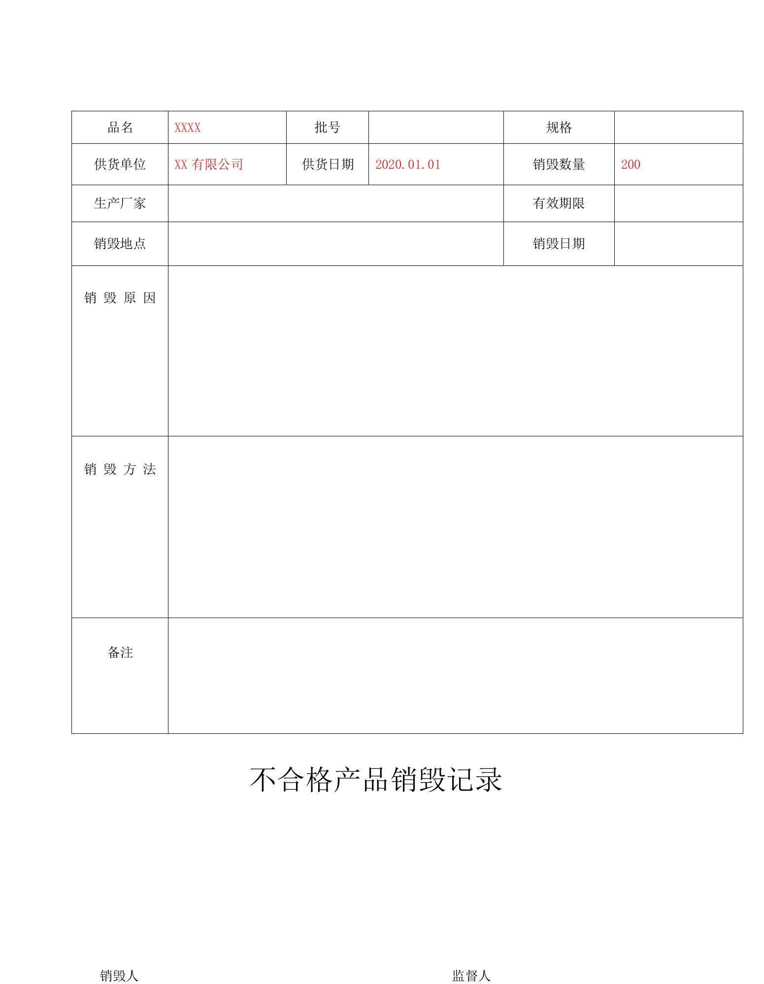 不合格产品销毁记录