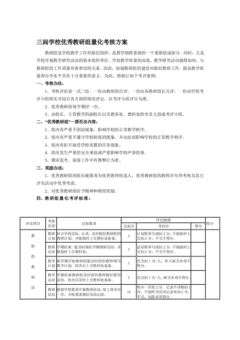 三闾学校优秀教研组量化考核方案.