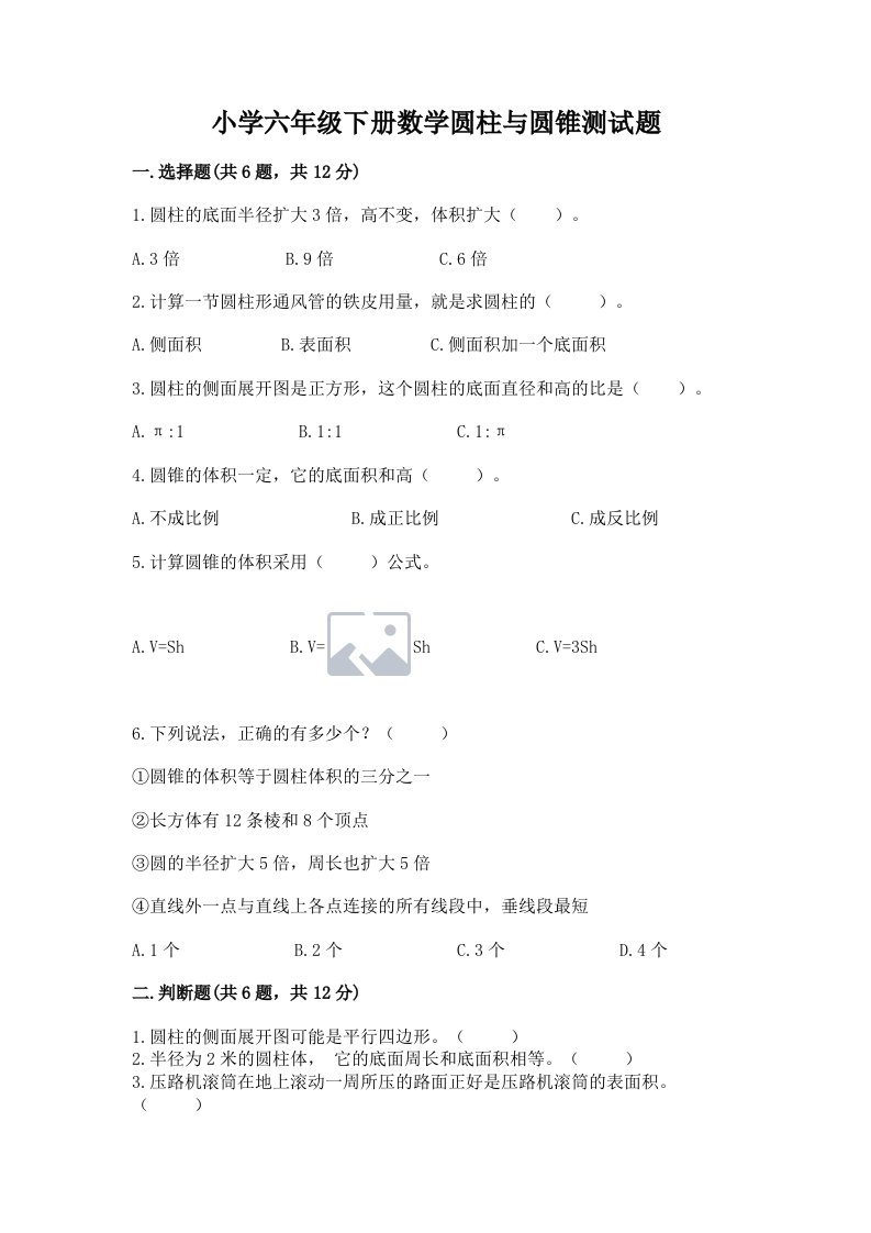 小学六年级下册数学圆柱与圆锥测试题（名校卷）