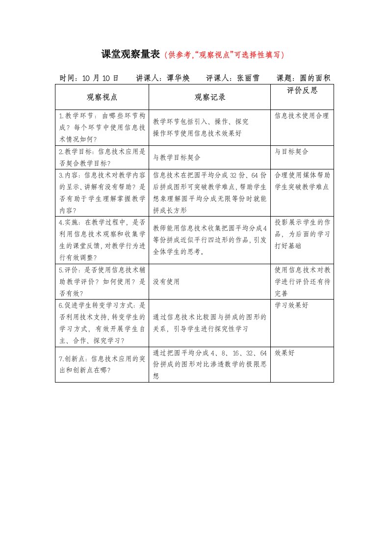 张丽雪课堂观察量表