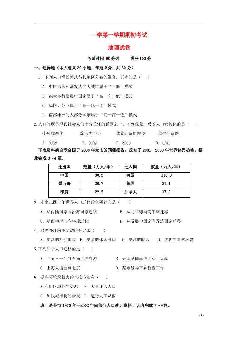 安徽省马鞍山市第二十二中学高二地理上学期入学考试试题