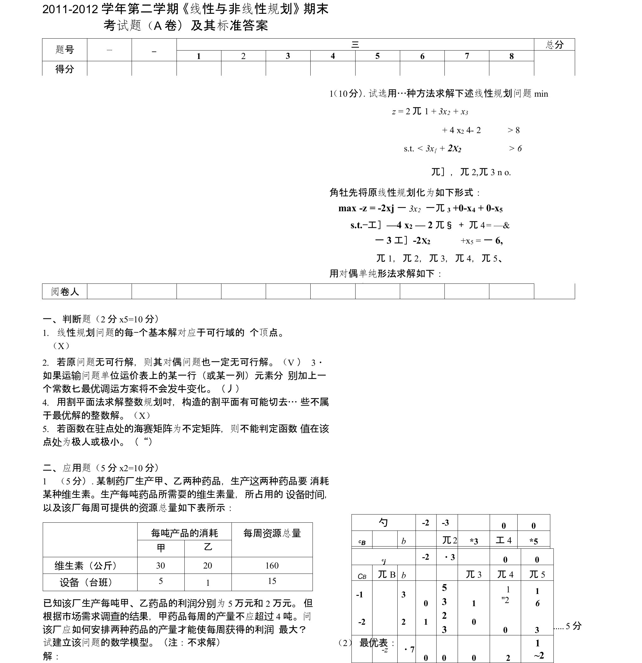 《线性与非线性规划》试题A及其标准答案