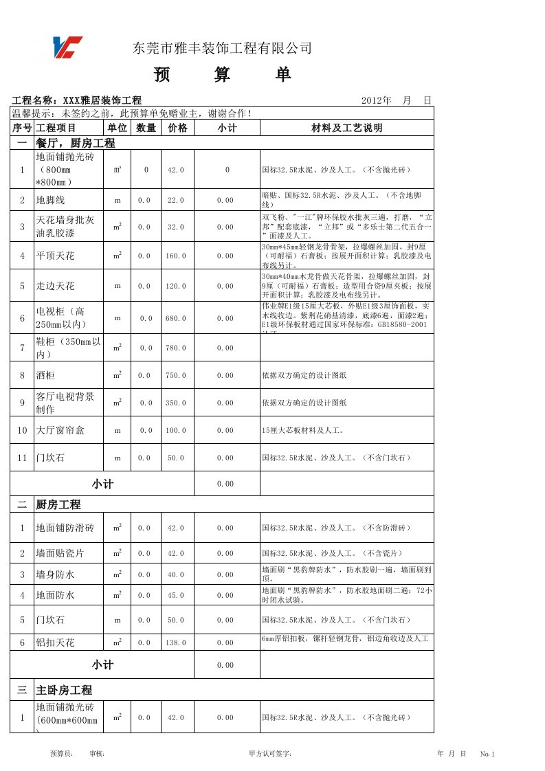 表格模板-家装工程预算表