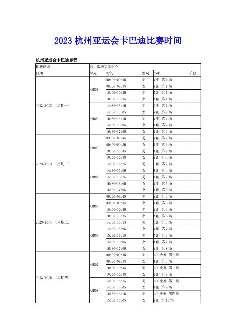 2023杭州亚运会卡巴迪比赛时间