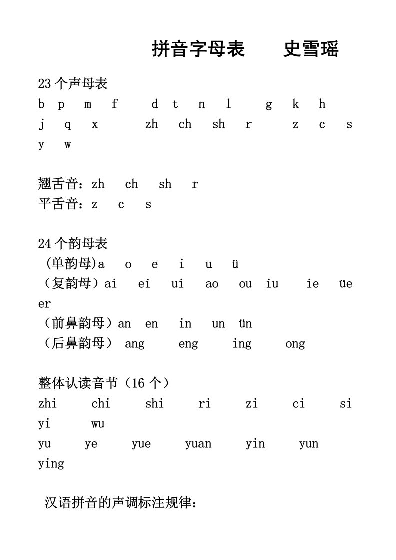 23个声母、24个韵母表、16个整体认读音节汇总