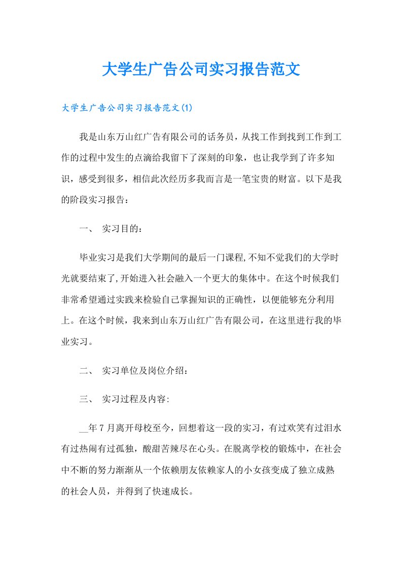 大学生广告公司实习报告范文