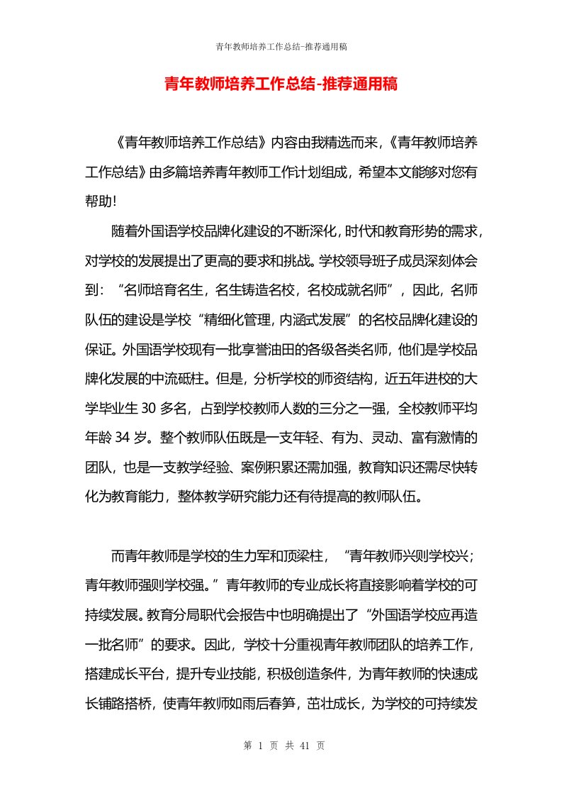 青年教师培养工作总结