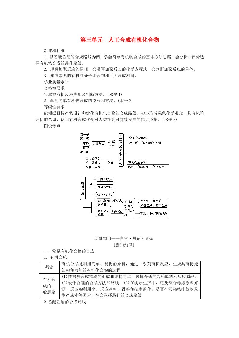 2024版新教材高中化学专题8有机化合物的获得与应用第三单元人工合成有机化合物学生用书苏教版必修第二册