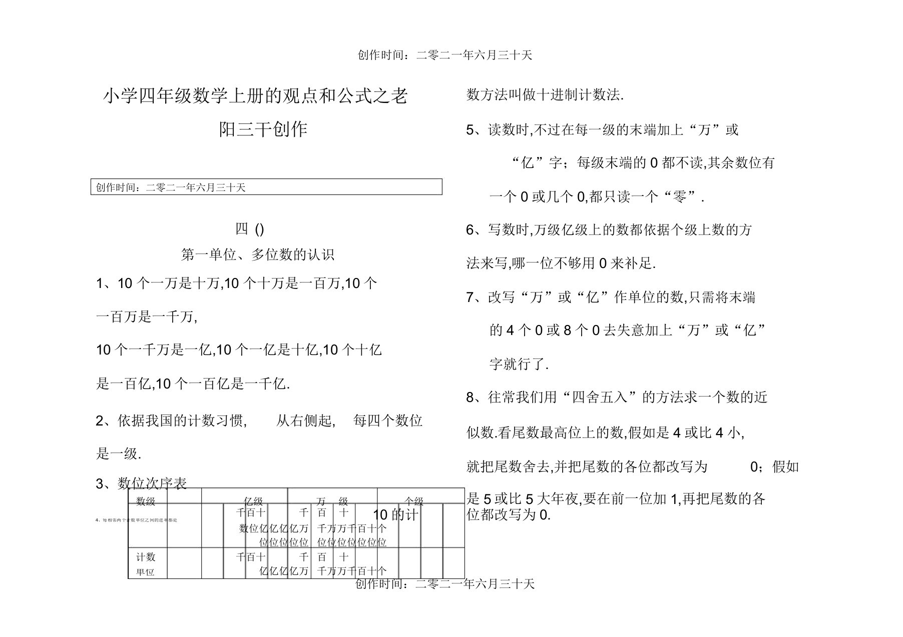 人教版小学四年级数学上册的概念和公式