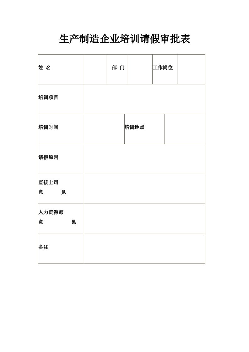 生产制造企业培训请假审批表