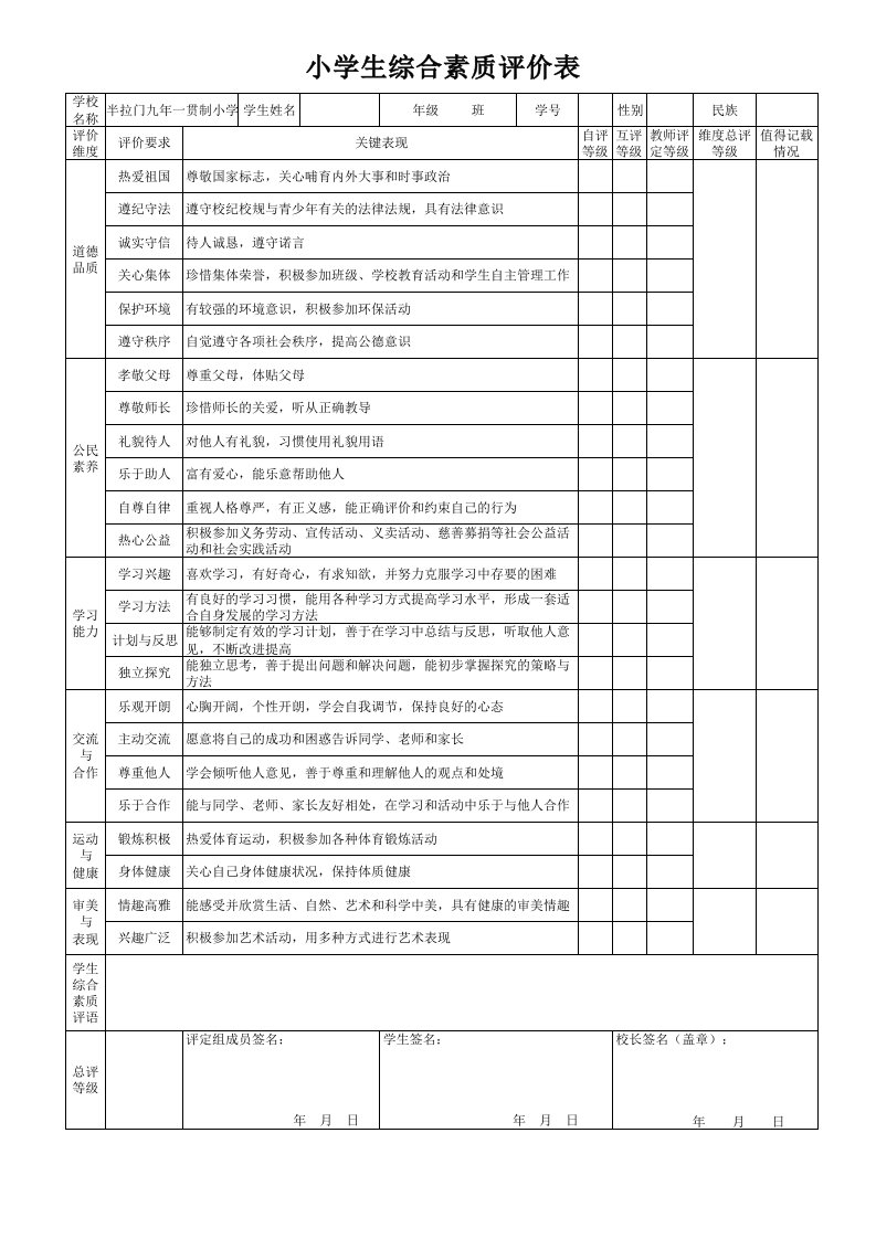 小学生综合素质评价表